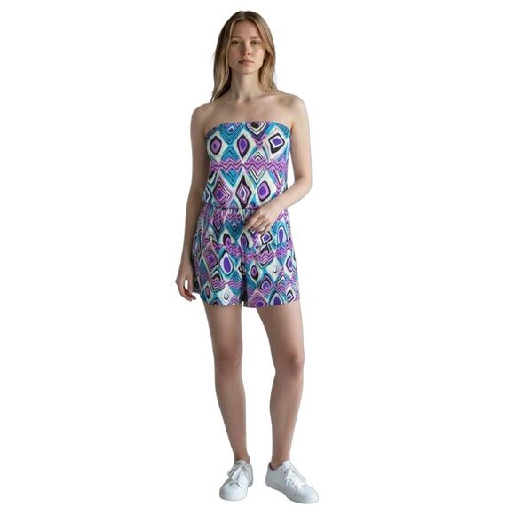 AZULES PURPLE, BLUE, WHITE, & BLACK STRAPLESS ROMPER SZ.L EUC. - Picture 1 of 8